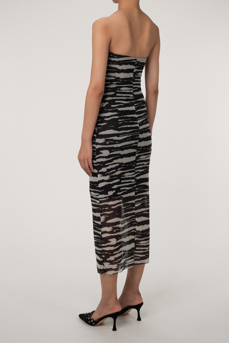 Dynamic Zebra Printed Strapless Ruched Mesh Bodycon Cocktail Midi Dress