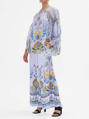 Unique satin ethnic print loose wide-leg pants