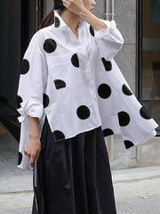 Casual High-Low Polka-Dot Split-Side Lapel Long Sleeves Blouse