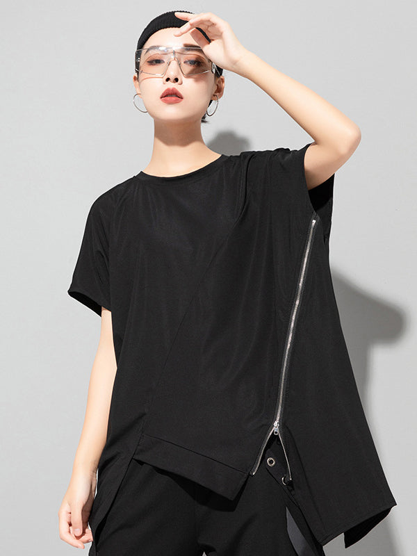 Stylish Irregular Zipper Split-Joint Black T-Shirt Top