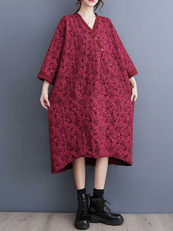 A-Line Half Sleeves Asymmetric Buttoned Jacquard V-Neck Midi Dresses