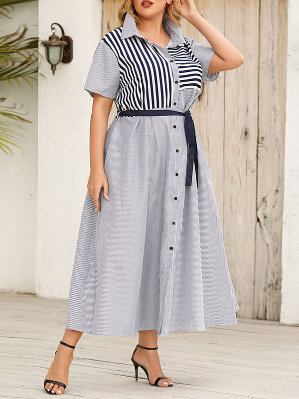 Loose Plus Size Buttoned Split-Joint Striped Tied Waist Lapel Maxi Dresses Shirt Dress