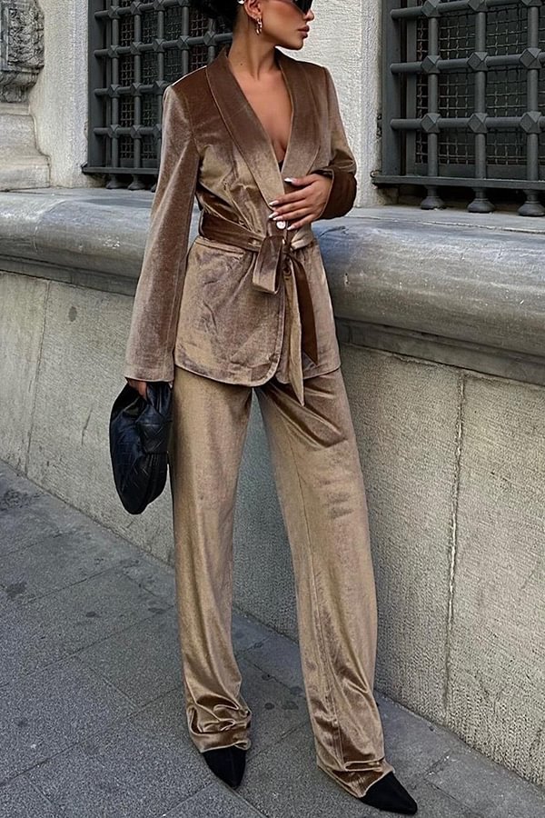 Cool Girl Energy Velvet Long Sleeve Belted Lapel Coat and Elastic Waist Pocketed Loose Pants Set