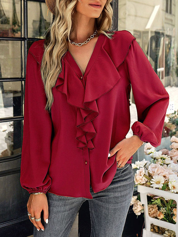 Simple Long Sleeves Loose Falbala Solid Color V-Neck Blouses&Shirts Tops