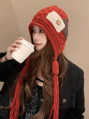 Contrast Color Solid Color Tasseled Knitted Hats