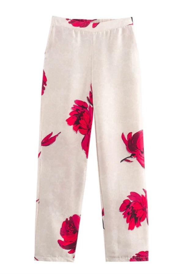 Special Attendance Satin Floral Print High Rise Elastic Waist Pocket Pants