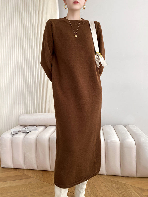 Urban Loose Long Sleeves Solid Color Round-Neck Sweater Dresses