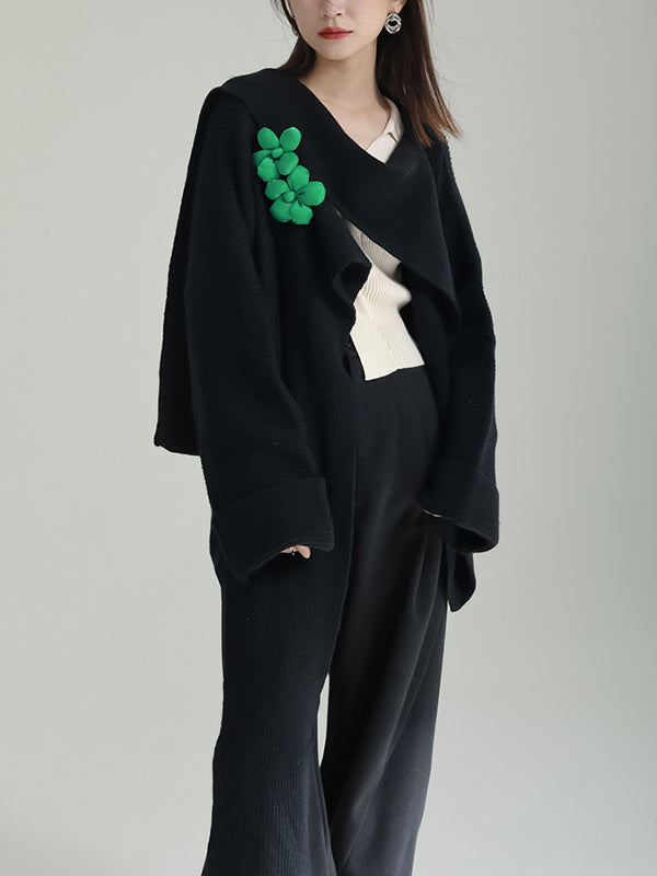 High-Low Long Sleeves Asymmetric Three-Dimensional Flower Round-Neck Cardigan Tops