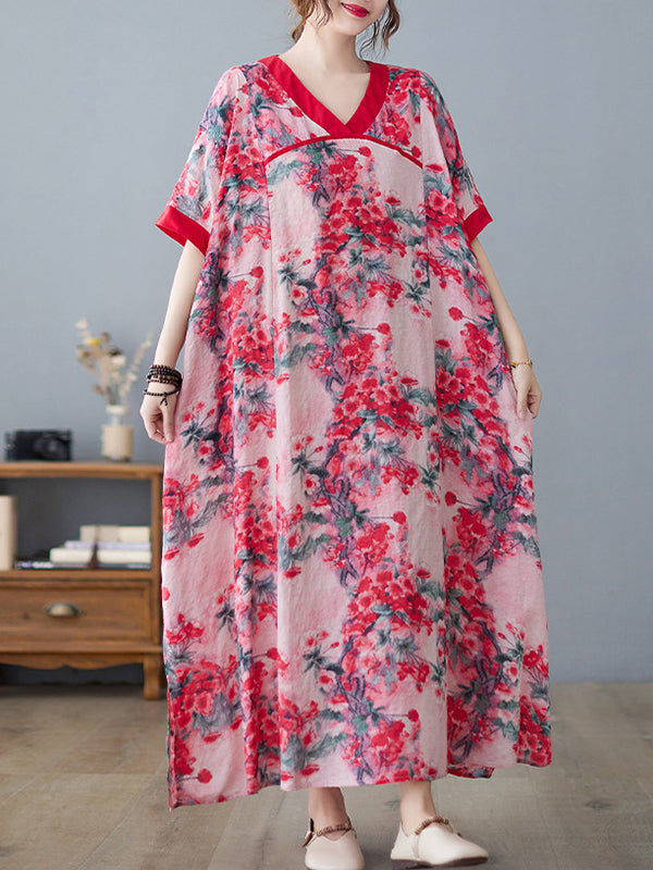 Loose Artistic Retro Floral Printed Split-Joint V-Neck Midi Dress