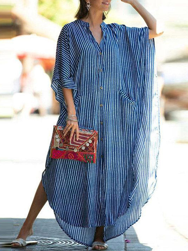 Batwing Sleeves Half Sleeves Buttoned Pockets Striped Round-Neck Beach Cover-Up Maxi Dresses