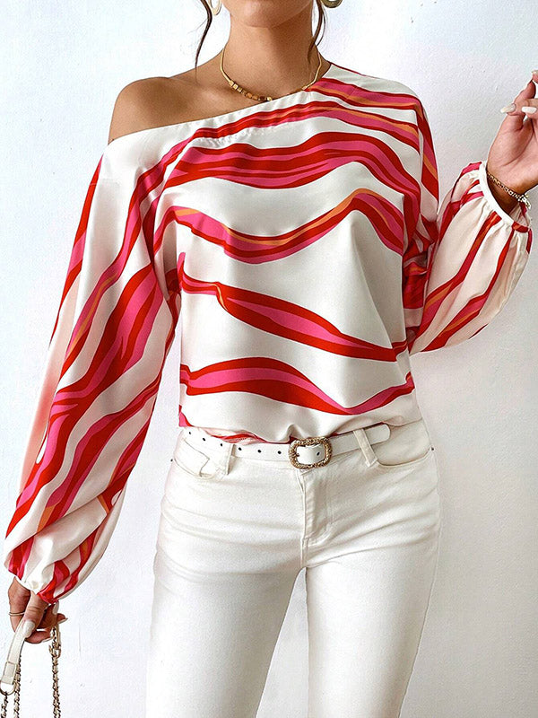 Long Sleeves Loose Asymmetric Striped One-Shoulder Blouses&Shirts Tops