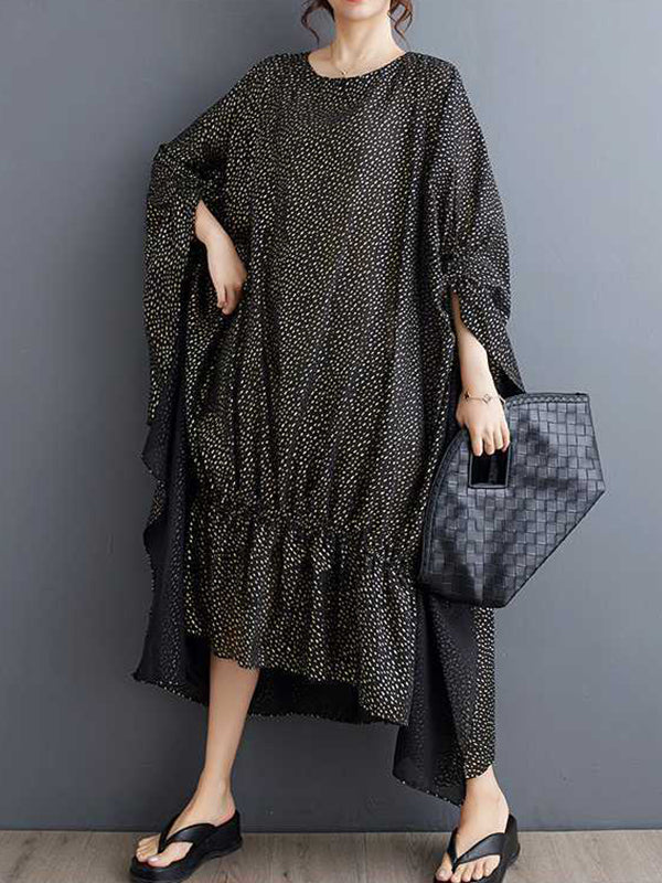 Batwing Sleeves Half Sleeves Elasticity Polka-Dot Split-Joint Round-Neck Midi Dresses