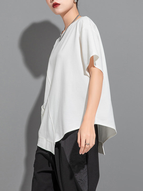 Loose Short Sleeves Asymmetric Solid Color Split-Joint Round-Neck T-Shirts Tops