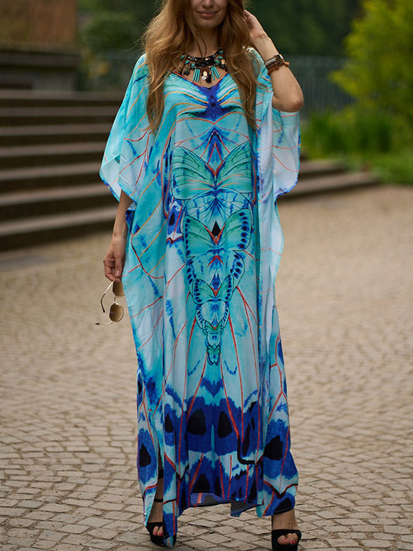 Batwing Sleeves Loose Butterfly Print Split-Side V-Neck Beach Cover-Up Maxi Dresses