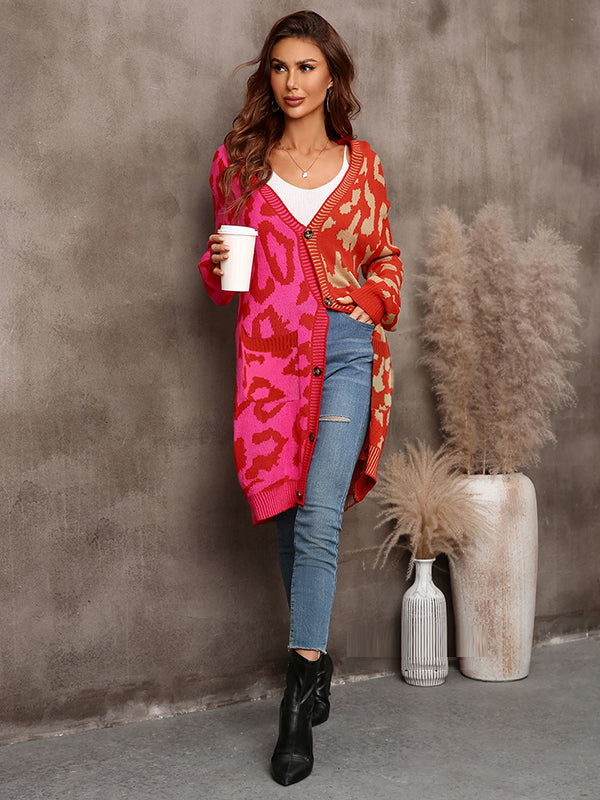 Urban Loose Long Sleeves Printed Leopard V-Neck Cardigan Tops