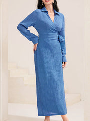 Long Sleeves Loose Asymmetric Solid Color Tied Lapel Maxi Dresses