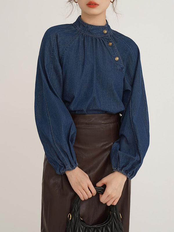 Loose Puff Sleeves Asymmetric Pleated Split-Joint High Neck Blouses&Shirts Tops