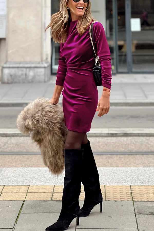 Pitaya Pink Velvet Mock Neck Ruched Long Sleeve Bodycon Dress