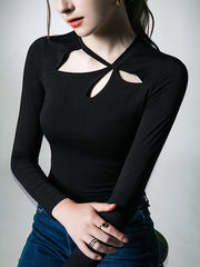 Long Sleeves Skinny Hollow Solid Color Asymmetric Collar T-Shirts Tops