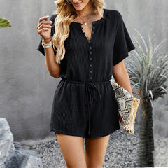 V-Neck Knitted Solid Color Jumpsuit Shorts