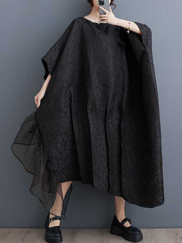 Batwing Sleeves Loose Asymmetric Flower Shape Gauze Jacquard Pleated Solid Color Split-Joint Round-Neck Midi Dresses