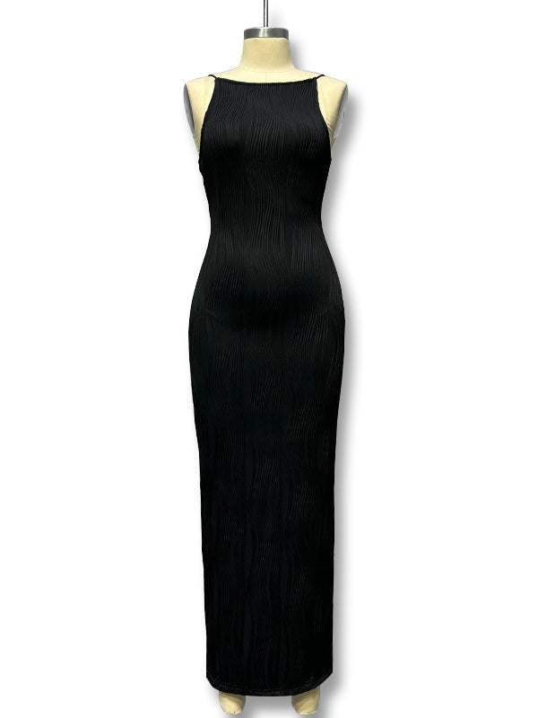 Bodycon Sleeveless Pleated Solid Color Split-Back Split-Joint Zipper Spaghetti-Neck Maxi Dresses