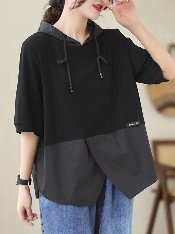 Loose Short Sleeves Drawstring Split-Joint Hooded T-Shirts