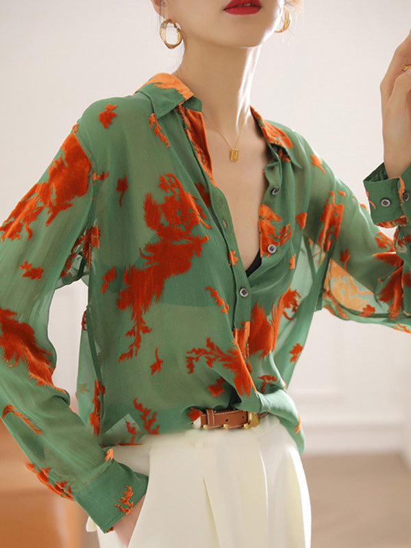 Long Sleeves Printed See-Through Lapel Blouses&Shirts Tops