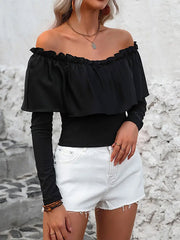 Long Sleeves Skinny Pleated Solid Color Split-Joint Off-the-shoulder T-Shirts Tops