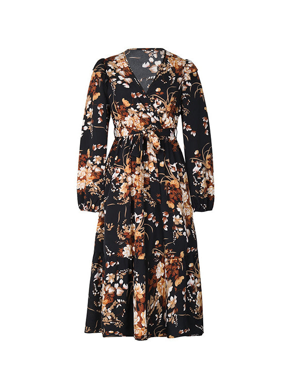 Loose Puff Sleeves Flower Print Pleated Split-Joint Tied Waist V-Neck Midi Dresses Shirt Dress