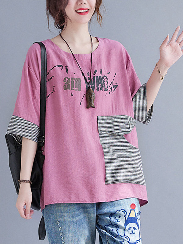 Original Letter Print Split-Joint Round-Neck T-Shirts Tops