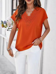 Loose Raglan Sleeve Embroidered Hollow Solid Color Split-Joint V-Neck T-Shirts Tops