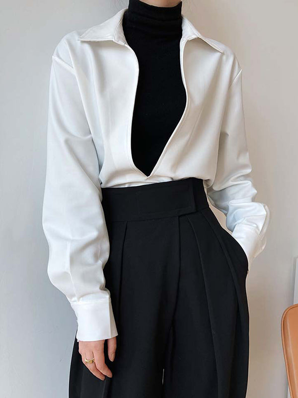 Long Sleeves Loose Solid Color Lapel Blouses