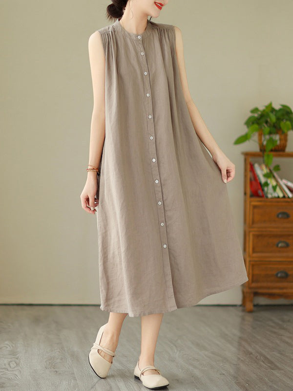 A-Line Sleeveless Buttoned Pleated Solid Color Round-Neck Midi Dresses