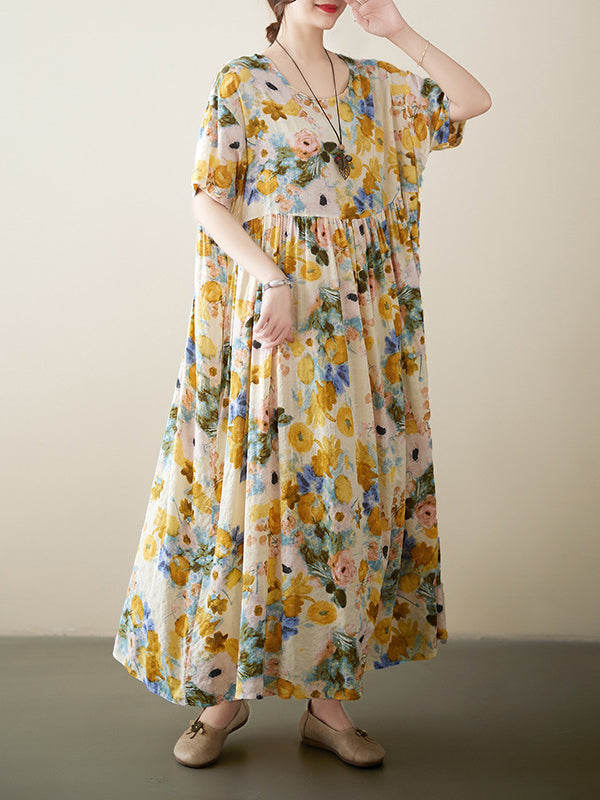 A-Line Loose Floral Printed Round-Neck Midi Dresses