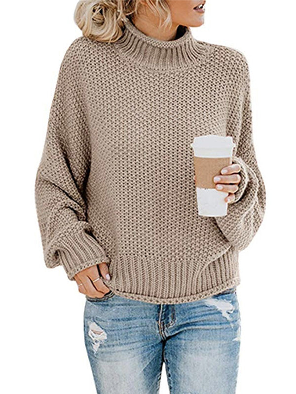 Casual Long Sleeves Solid Color High-Neck Sweater Tops