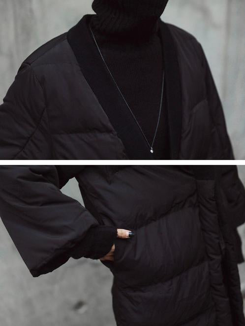 Simple Black Lace-up Cotton-padded Cloths Coat Outwear