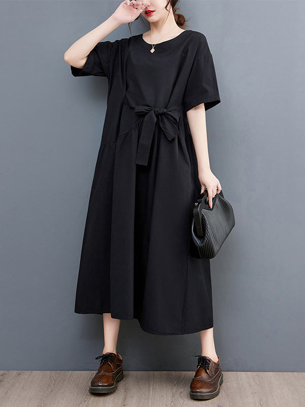 Casual Half Sleeves Loose Solid Color Round-Neck Midi Dresses