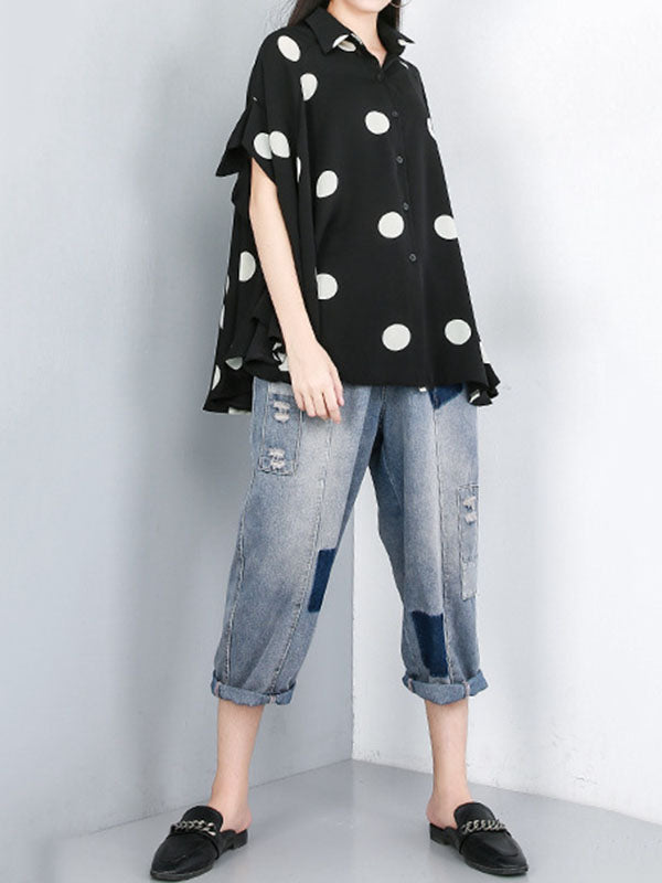 Batwing Sleeves High-Low Polka-Dot Lapel Blouses&Shirts Tops