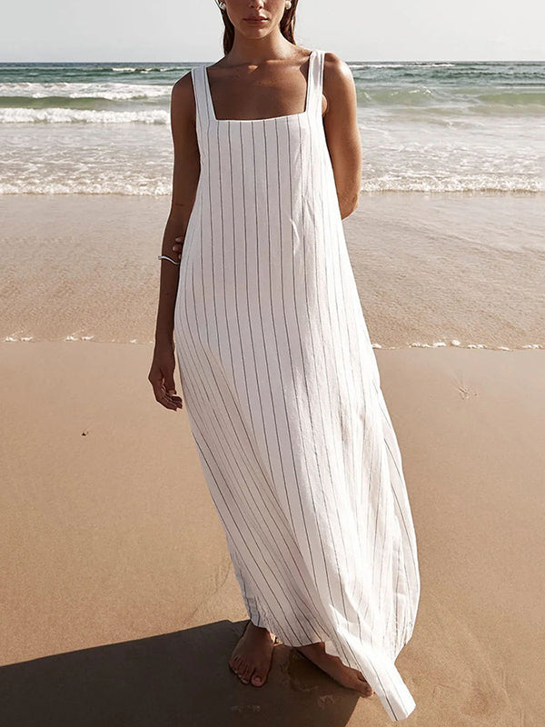 A-Line Loose Striped Square-Neck Maxi Dresses