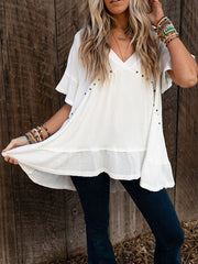 Batwing Sleeves High-Low Buttoned Split-Joint V-Neck T-Shirts Tops