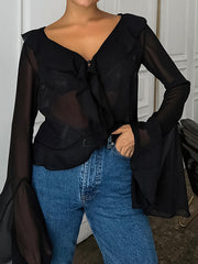 Flared Sleeves Long Sleeves Ruffled See-Through Split-Joint Lapel Blouses&Shirts Tops