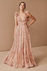 Ginny Printed Ruffle Lace Up Chiffon Maxi Dress