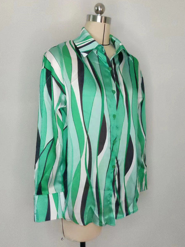 Long Sleeves Loose Contrast Color Striped Lapel Blouses