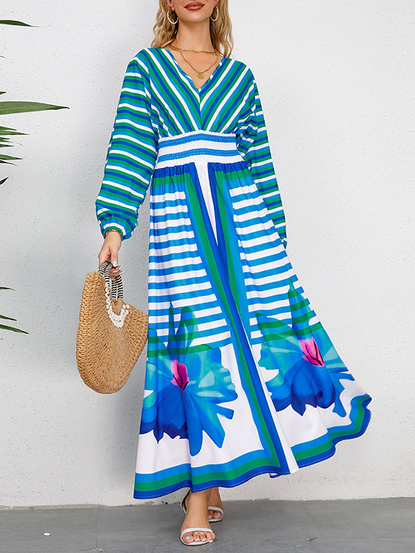 A-Line Long Sleeves Backless Elasticity Flower Print Split-Joint Striped Tied V-Neck Maxi Dresses