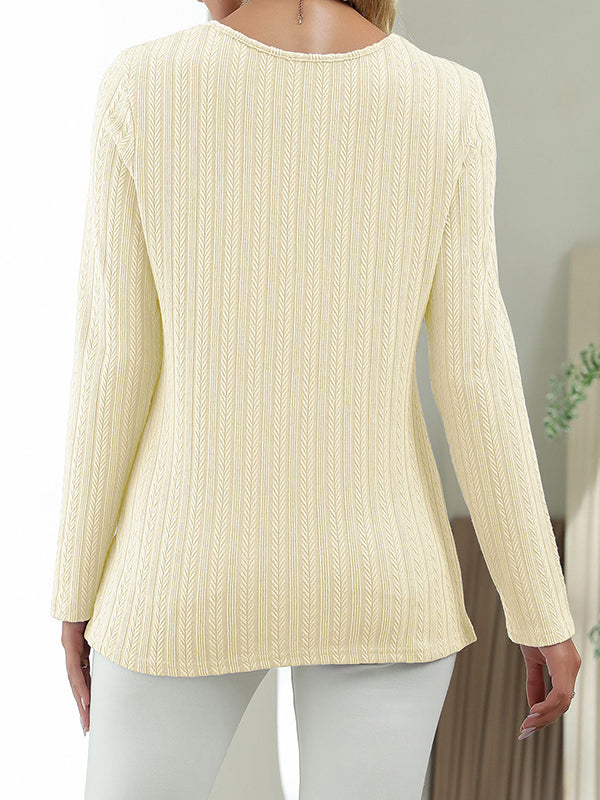 Long Sleeves Loose Asymmetric Buttoned Round-Neck T-Shirts Tops