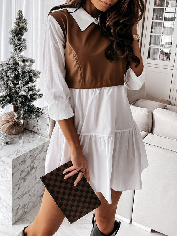 Long Sleeves Loose Contrast Color Pleated Split-Joint Lapel Mini Dresses