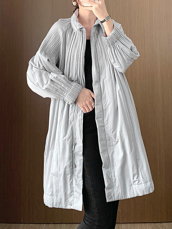 Long Sleeves Loose Pleated Quilted Solid Color Zipper Asymmetric Collar Padded Coat