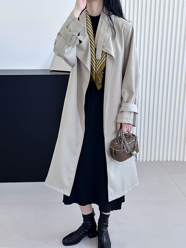 Long Sleeves Loose Buckle Pockets Solid Color Split-Back Tied Waist Lapel Trench Coats