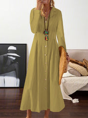 Long Sleeves Loose Pleated Lapel Midi Dresses Shirt Dress